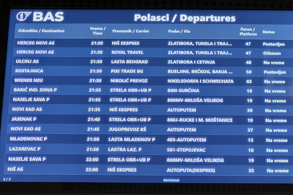 Monitor mit Abfahrtszeiten der Fernbusse von Belgrad aus. - City-Check Belgrad, FemNews.de Monitor mit Abfahrtszeiten der Fernbusse von Belgrad aus.