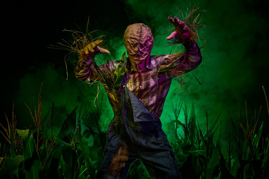 Umherstreifende Gestalten im Dorf Twine End. Halloween im Toverland. - Fotos: Toverland Gruselige Gestalt zu Halloween im Maisfeld.